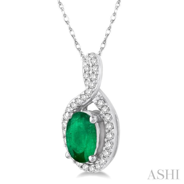 6x4 MM Oval Cut Emerald and 1/10 Ctw Round Cut Diamond Pendant in 10K White Gold with Chain