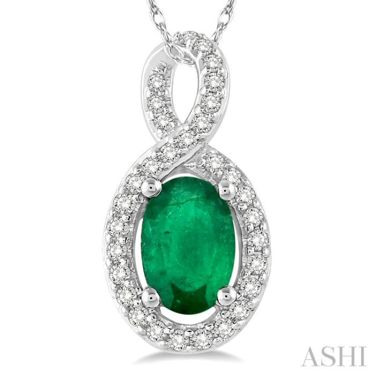 6x4 MM Oval Cut Emerald and 1/10 Ctw Round Cut Diamond Pendant in 10K White Gold with Chain