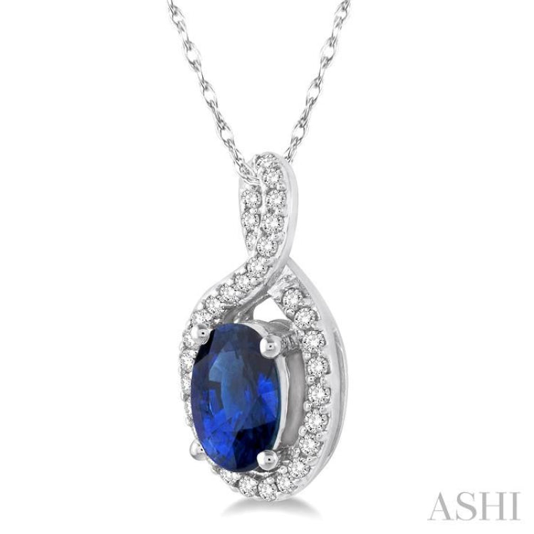 6x4 MM Oval Cut Sapphire and 1/10 Ctw Round Cut Diamond Pendant in 10K White Gold with Chain