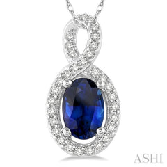 6x4 MM Oval Cut Sapphire and 1/10 Ctw Round Cut Diamond Pendant in 10K White Gold with Chain