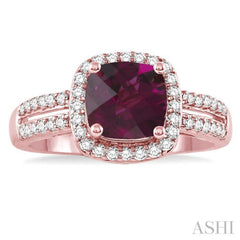 7x7 mm Cushion Shape Rhodolite Garnet and 1/3 Ctw Round Cut Diamond Ring in 14K Rose Gold