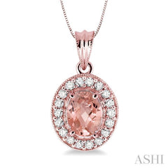 8x6 MM Oval Cut Morganite and 1/3 Ctw Round Cut Diamond Pendant in 14K Rose Gold with Chain