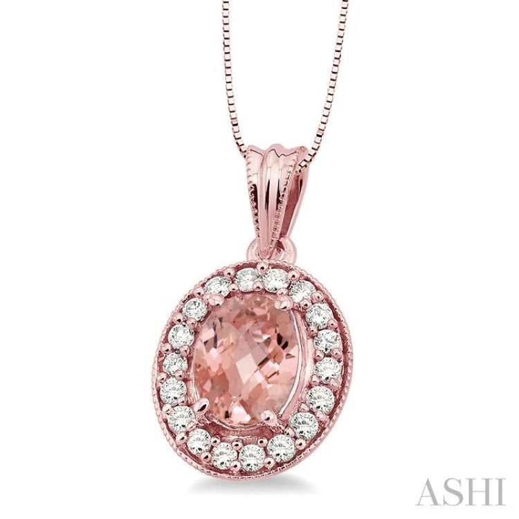 8x6 MM Oval Cut Morganite and 1/3 Ctw Round Cut Diamond Pendant in 14K Rose Gold with Chain