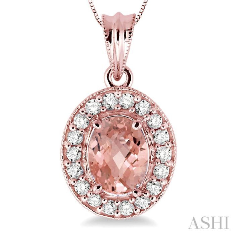 8x6 MM Oval Cut Morganite and 1/3 Ctw Round Cut Diamond Pendant in 14K Rose Gold with Chain