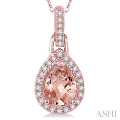 7x5 MM Pear Shape Morganite and 1/10 Ctw Round Cut Diamond Pendant in 10K Rose Gold with Chain