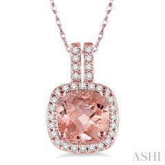 7x7  MM Cushion Shape Morganite and 1/5 Ctw Round Cut Diamond Pendant in 14K Rose Gold with Chain