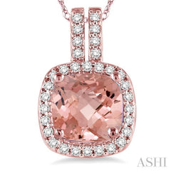 7x7  MM Cushion Shape Morganite and 1/5 Ctw Round Cut Diamond Pendant in 14K Rose Gold with Chain