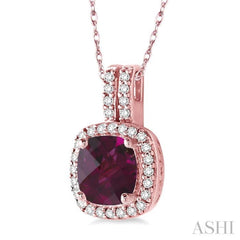 7x7  MM Cushion Shape Rhodolite Garnet and 1/5 Ctw Round Cut Diamond Pendant in 14K Rose Gold with Chain