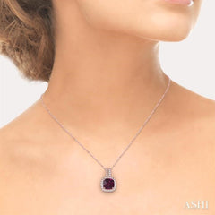 7x7  MM Cushion Shape Rhodolite Garnet and 1/5 Ctw Round Cut Diamond Pendant in 14K Rose Gold with Chain