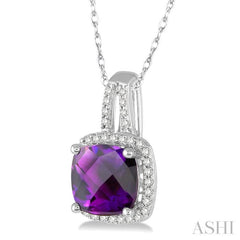 8x8 MM Cushion Shape Amethyst and 1/5 Ctw Round Cut Diamond Pendant in 10K White Gold with Chain