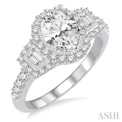 1 Ctw Oval Shape Baguette and Round Cut Diamond Semi-Mount Engagement Ring in 14K White Gold