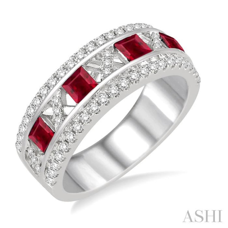 3x3 MM Princess Cut Ruby and 3/8 Ctw Round Cut Diamond Precious Ring in 14K White Gold