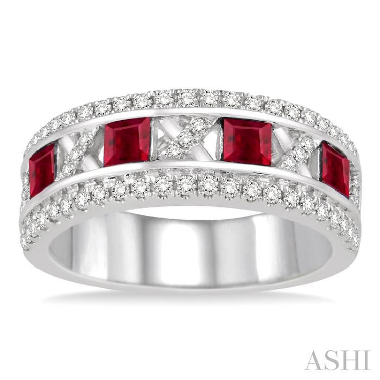 3x3 MM Princess Cut Ruby and 3/8 Ctw Round Cut Diamond Precious Ring in 14K White Gold