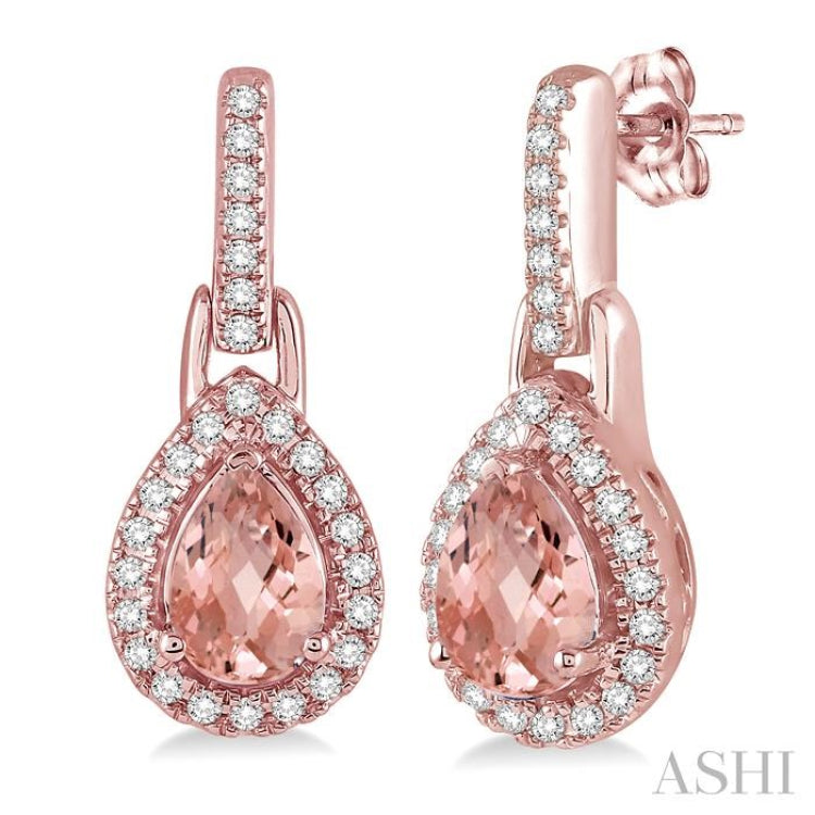 6x4 MM Pear Shape Morganite and 1/5 Ctw Round Cut Diamond Earrings in 14K Rose Gold