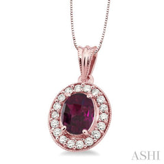 8x6 MM Oval Cut Rhodolite Garnet and 1/3 Ctw Round Cut Diamond Pendant in 14K Rose Gold with Chain