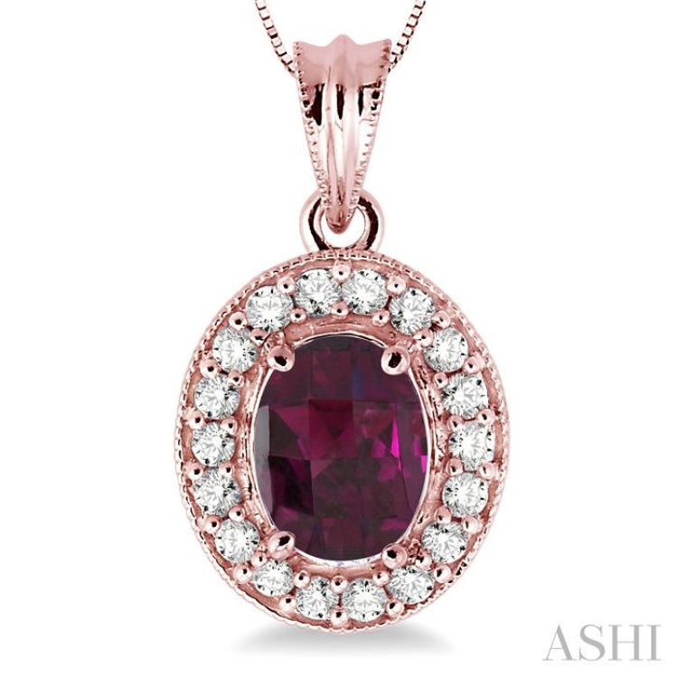 8x6 MM Oval Cut Rhodolite Garnet and 1/3 Ctw Round Cut Diamond Pendant in 14K Rose Gold with Chain