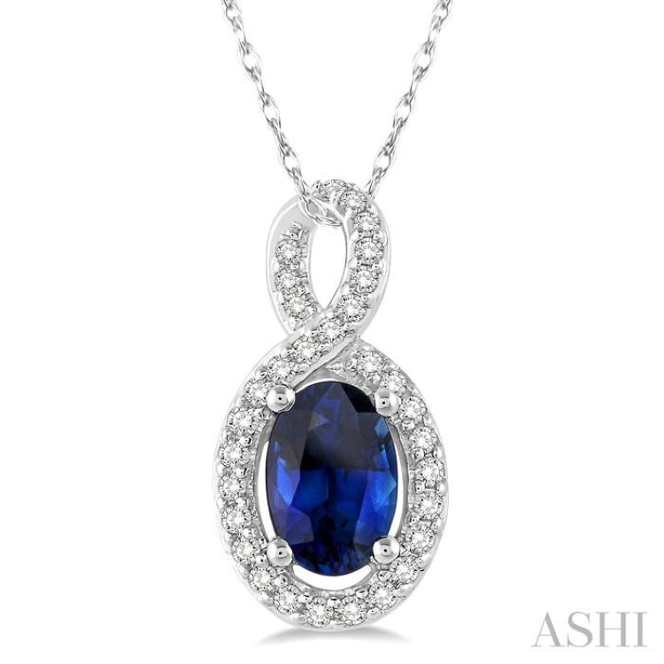 6x4 MM Oval Cut Sapphire and 1/10 Ctw Round Cut Diamond Pendant in 14K White Gold with Chain