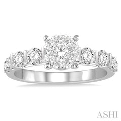 1 Ctw Round Cut Diamond Lovebright Engagement Ring in 14K White Gold