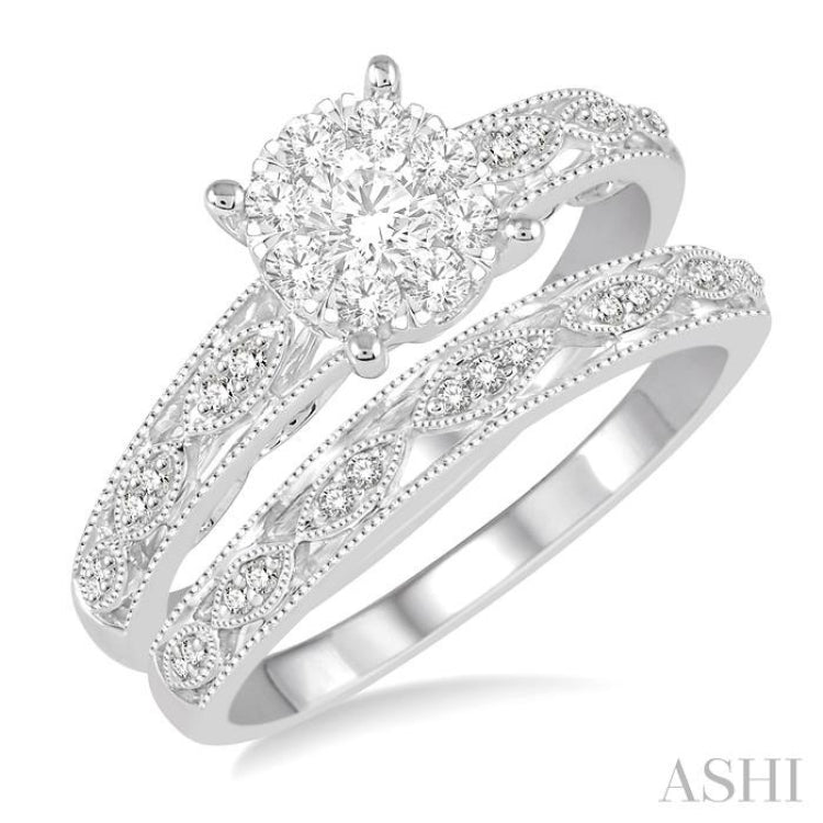 3/8 Ctw Round Cut Diamond Lovebright Bridal Set with 1/3 Ctw Engagement Ring and 1/20 Ctw Wedding Band in 14K White Gold