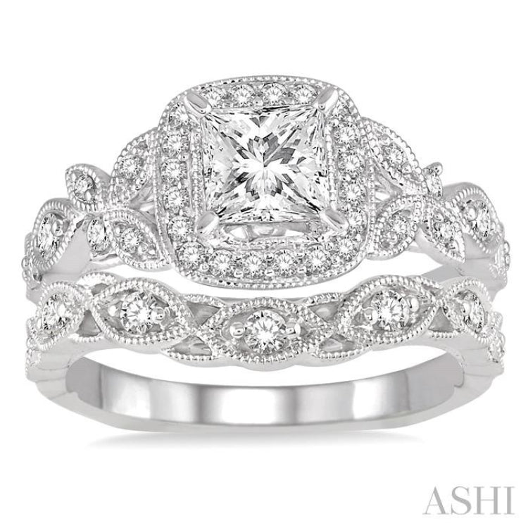 1 Ctw Diamond Bridal Set with 3/4 Ctw Princess Cut Engagement Ring and 1/6 Ctw Wedding Band in 14K White Gold