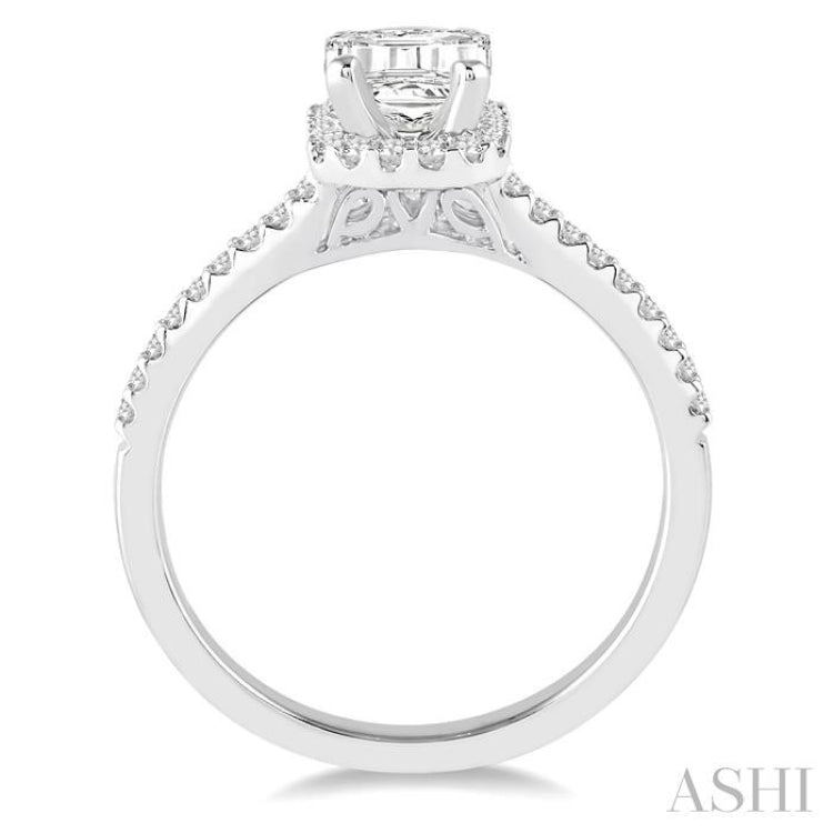 5/8 Ctw Diamond Engagement Ring with 1/3 Ct Octagon Shaped Center stone in 14K White Gold