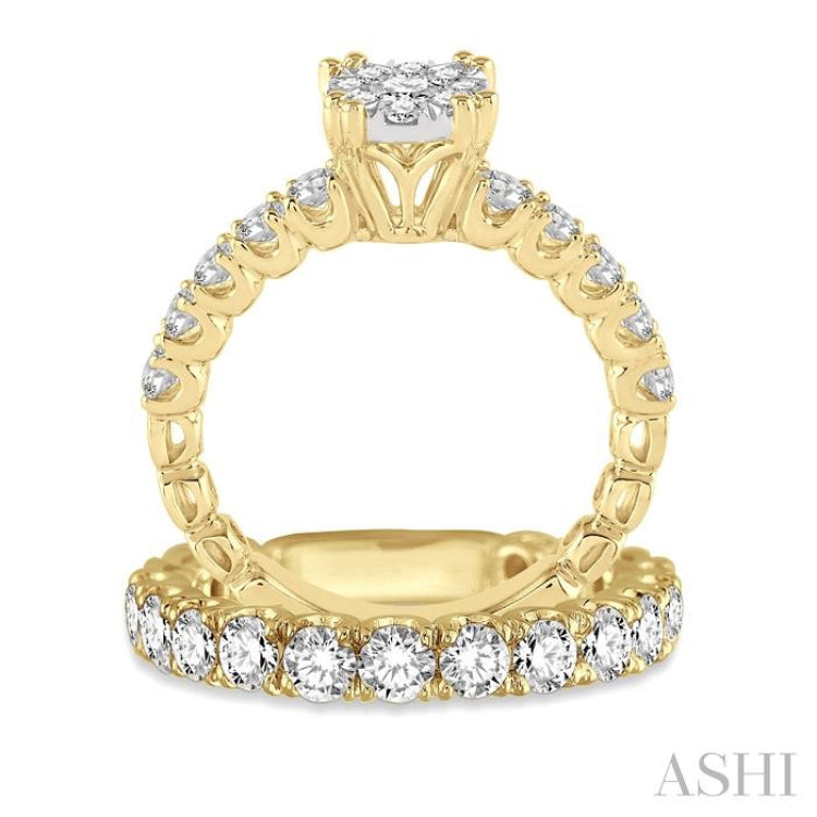 1 3/4 Ctw Diamond Lovebright Wedding Set with 1 Ctw Engagement Ring in Yellow and White Gold and 3/4 Ctw Wedding Band in Yellow Gold in 14K