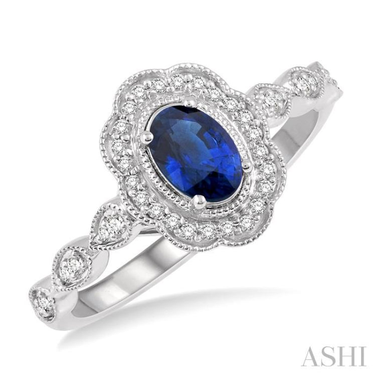 1/6 Ctw Oval Shape 6x4 MM Sapphire & Round Cut Diamond Precious Ring in 10K White Gold