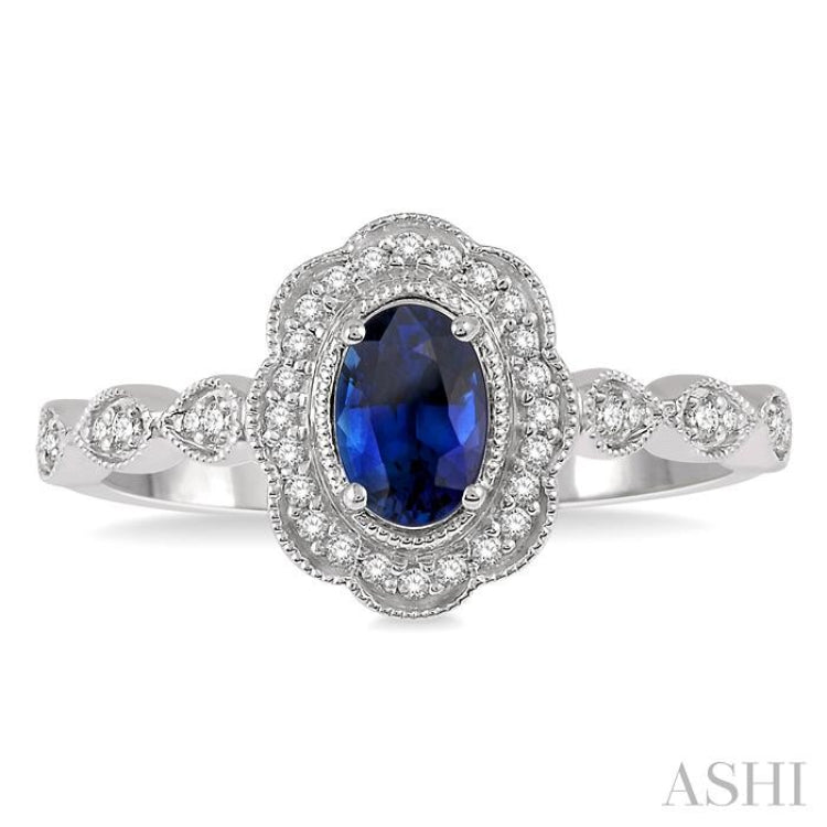 1/6 Ctw Oval Shape 6x4 MM Sapphire & Round Cut Diamond Precious Ring in 10K White Gold