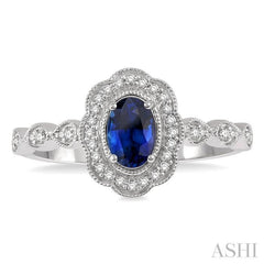 1/6 Ctw Oval Shape 6x4 MM Sapphire & Round Cut Diamond Precious Ring in 10K White Gold