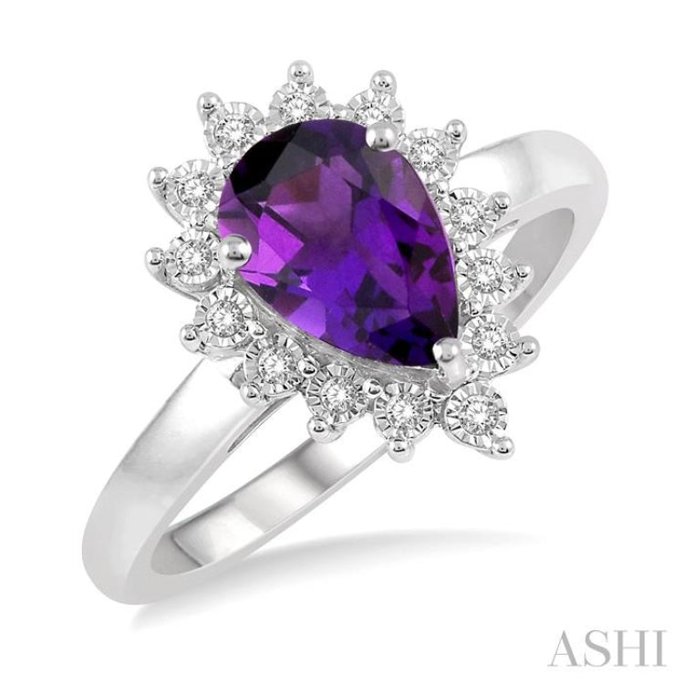 1/10 Ctw Pear Shape 9x6 MM Amethyst & Round Cut Diamond Semi Precious Ring in 10K White Gold