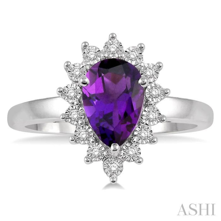 1/10 Ctw Pear Shape 9x6 MM Amethyst & Round Cut Diamond Semi Precious Ring in 10K White Gold