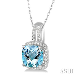 8x8 MM Cushion Shape Aquamarine and 1/5 Ctw Round Cut Diamond Pendant in 10K White Gold with Chain