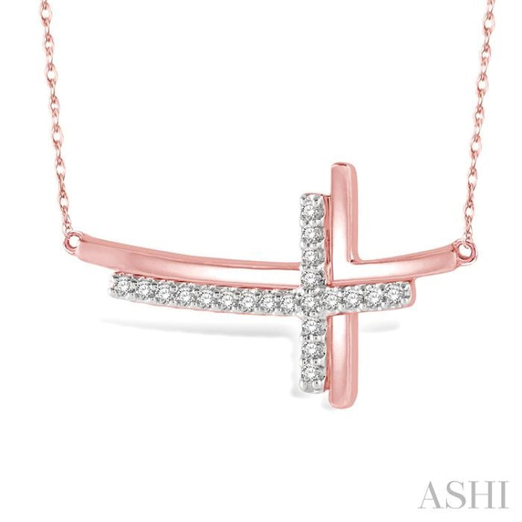 1/10 Ctw Reclining Double Cross Round Cut Diamond Pendant With Link Chain in 10K Rose Gold