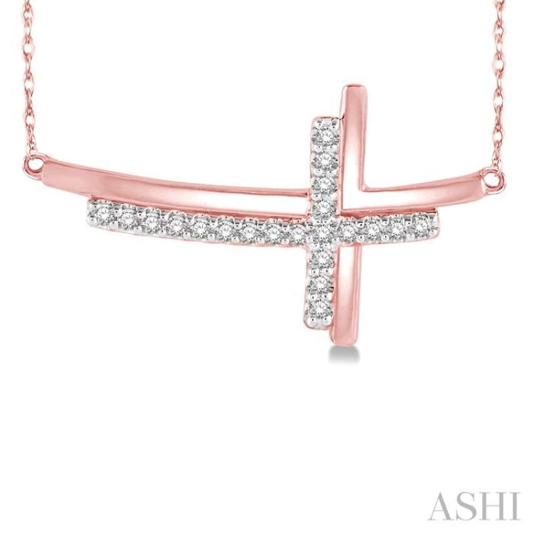 1/10 Ctw Reclining Double Cross Round Cut Diamond Pendant With Link Chain in 10K Rose Gold