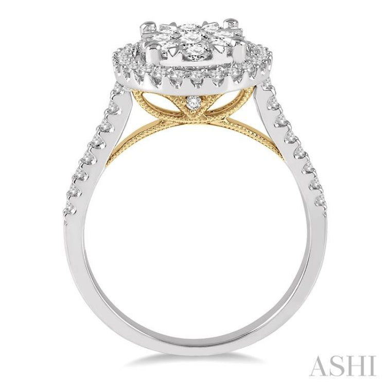 1 Ctw Round Diamond Lovebright Oval Shape Halo Engagement Ring in 14K White and Yellow Gold