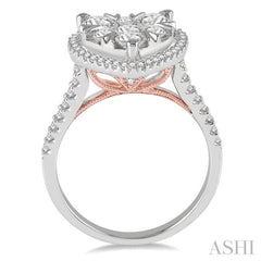 1 1/10 ctw Round Diamond Lovebright Heart Halo Engagement Ring in 14K White and Rose Gold