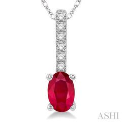 1/20 Ctw Round Cut Diamond and Oval Cut 6x4 MM Ruby Precious Pendant in 10K White Gold with chain