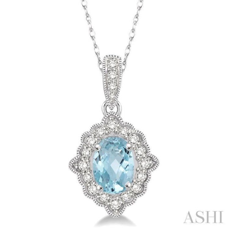 1/6 Ctw Round Cut Diamond and Ethnic Oval Cut 6x4 MM Aquamarine Semi Precious Pendant in 10K White Gold with chain