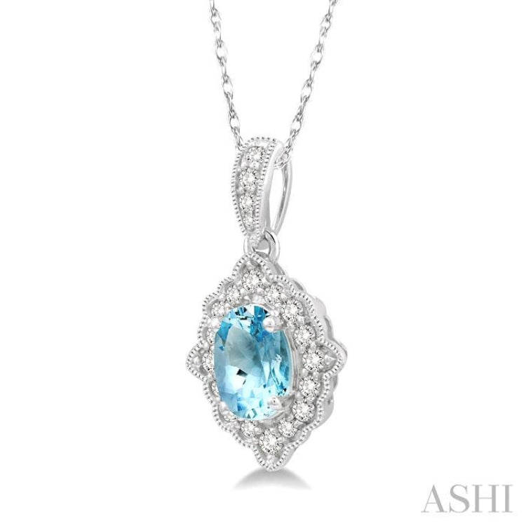 1/6 Ctw Round Cut Diamond and Ethnic Oval Cut 6x4 MM Aquamarine Semi Precious Pendant in 10K White Gold with chain