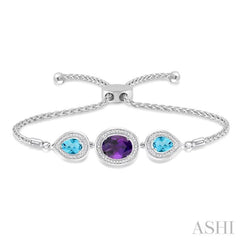 1/20 Ctw Oval 10x8 MM Amethyst & Pear Shape 7x5 MM Blue Topaz Round Diamond 3Stone Sterling Silver Lariat Bracelet