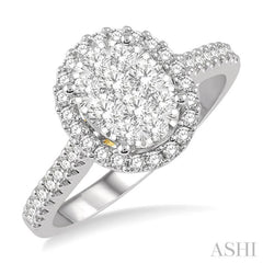 3/4 Ctw Round Diamond Lovebright Oval Shape Halo Engagement Ring in 14K White and Yellow Gold