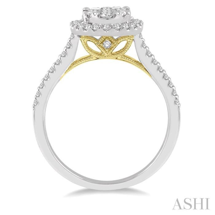 3/4 Ctw Round Diamond Lovebright Oval Shape Halo Engagement Ring in 14K White and Yellow Gold