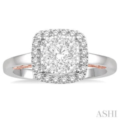 3/4 Ctw Cushion Shape Lovebright Round Cut Diamond Ring in 14K White and Rose Gold