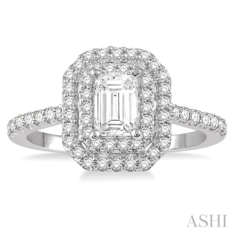 1 Ctw Diamond Ladies Engagement Ring with 1/2 Ct Emerald Cut Center Stone in 14K White Gold