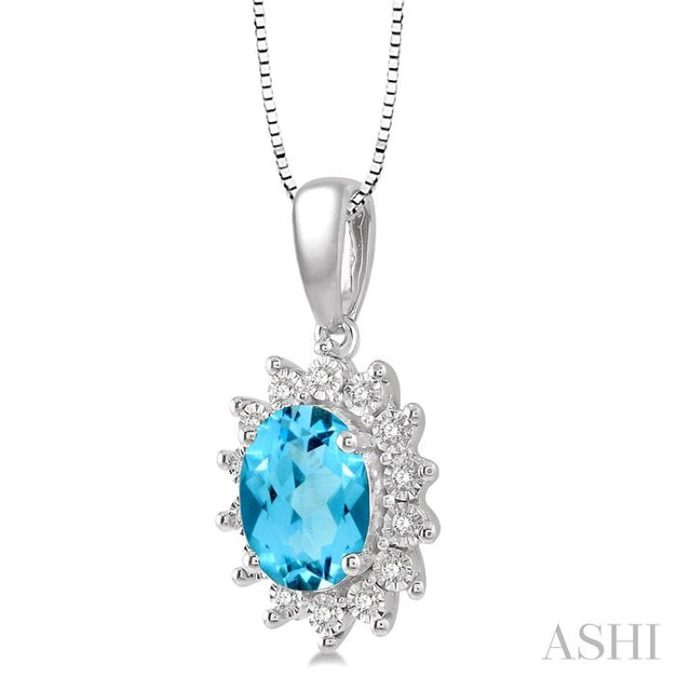 1/10 Ctw Oval Shape 8x6 MM Blue Topaz & Round Cut Diamond Semi Precious Pendant in 10K White Gold