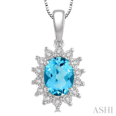 1/10 Ctw Oval Shape 8x6 MM Blue Topaz & Round Cut Diamond Semi Precious Pendant in 10K White Gold