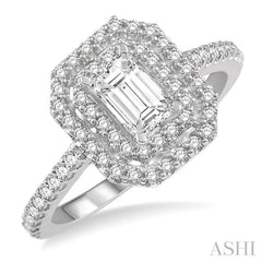 1/2 Ctw Diamond Ladies Engagement Ring with 1/4 Ct Emerald Cut Center Stone in 14K White Gold