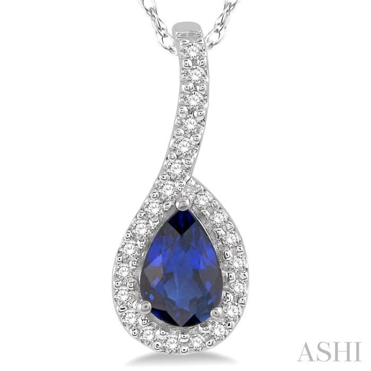 1/8 Ctw Pear Shape 6x4 MM Sapphire & Round Cut Diamond Precious Pendant in 10K White Gold