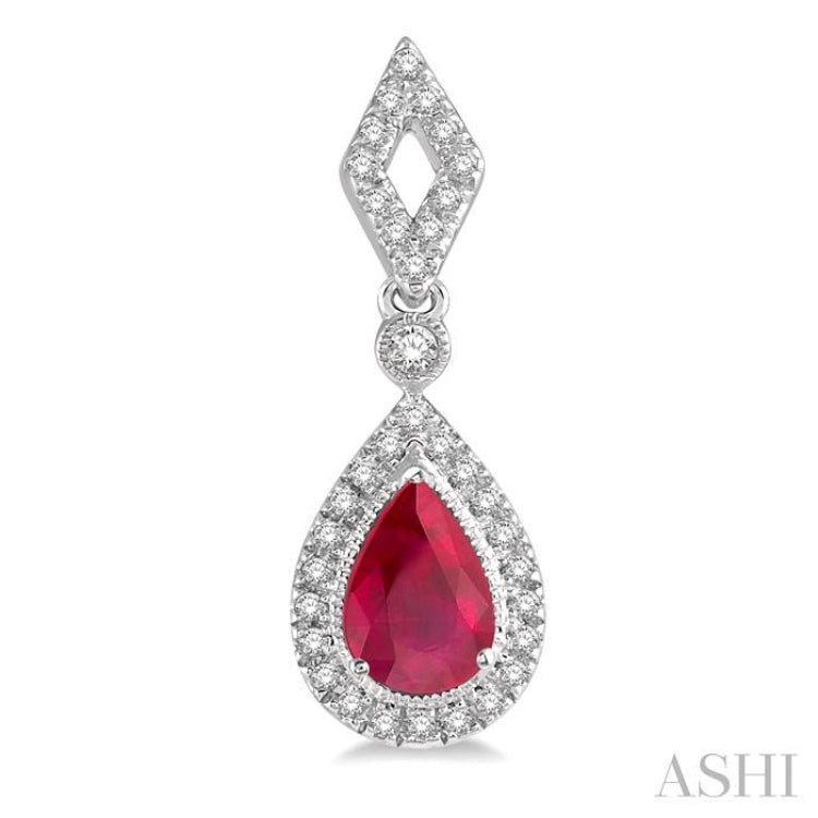 1/5 Ctw Pear Shape 5x3 MM Ruby & Round Cut Diamond Precious Earring in 10K White Gold