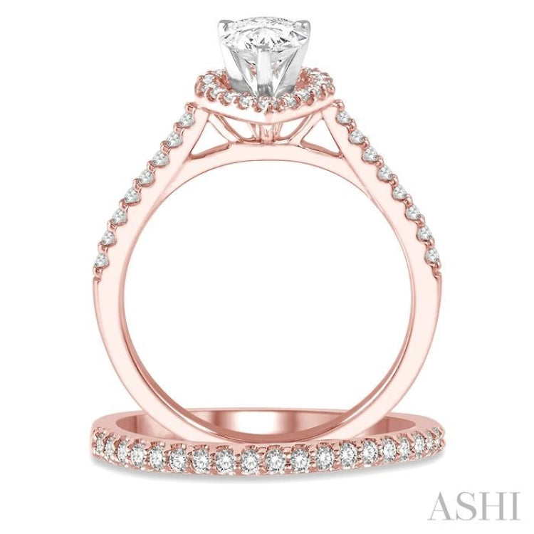 7/8 Ctw Diamond Wedding Set With 3/4 Ctw Pear Cut Engagement Ring and 1/6 Ctw Wedding Band in 14K Rose and White Gold